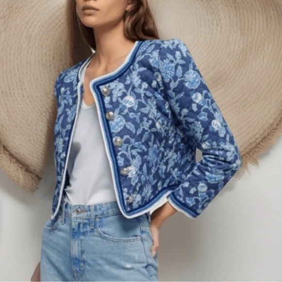 10‎ Crosby Derek Lam Aster Quilted Jacket 10 Blue Floral Crochet Coastal Prep - Picture 1 of 11